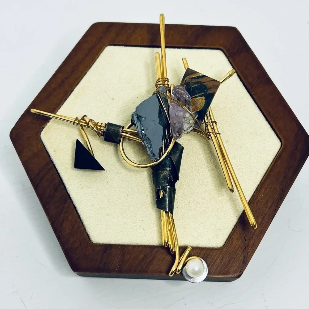 Vintage Takashi Honda Gold Tone and Black Leather Geometric Brooch